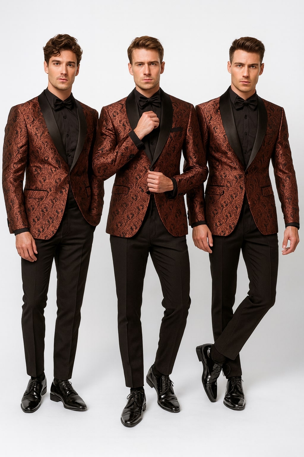 Mens Rust Copper Brick Color Paisley Tuxedo Jacket Dinner and Wedding Blazer With Black Pants Matching Bowtie - 36 Short