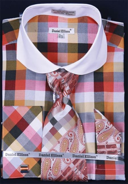 French Cuff Set White Collar Two Toned Contrast Bright Checker Rust Plaid ~ Windowpane Men's Dress Shirt - Large 16.5" Neck / 34-35" Sleeve