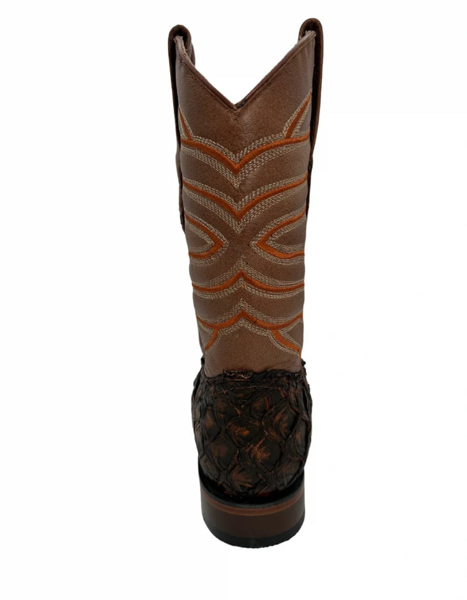 Los Altos Men's Rustic Cognac Genuine Pirarucu Wide Square Toe Boot - 6 Standard / D / Medium