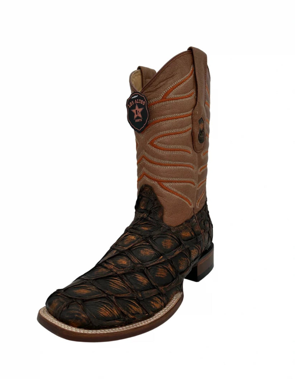 Los Altos Men's Rustic Cognac Genuine Pirarucu Wide Square Toe Boot - 6 Standard / D / Medium