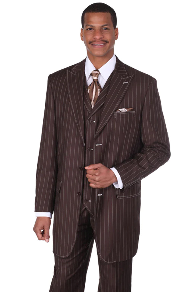 "Vintage Gangster Pinstripe Suit - Men's Bold Brown Vested Fashion"