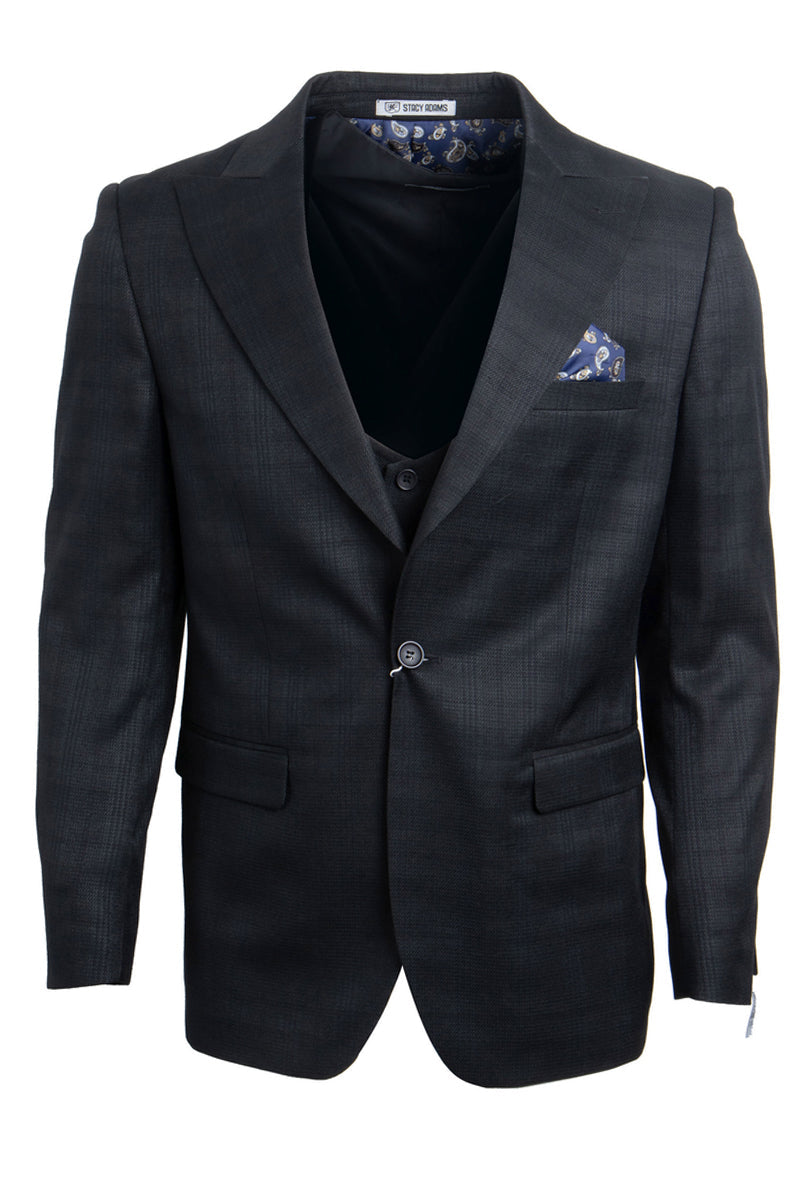 "Stacy Adams Men's Glen Plaid Suit - One Button Vested Peak Lapel in Black"