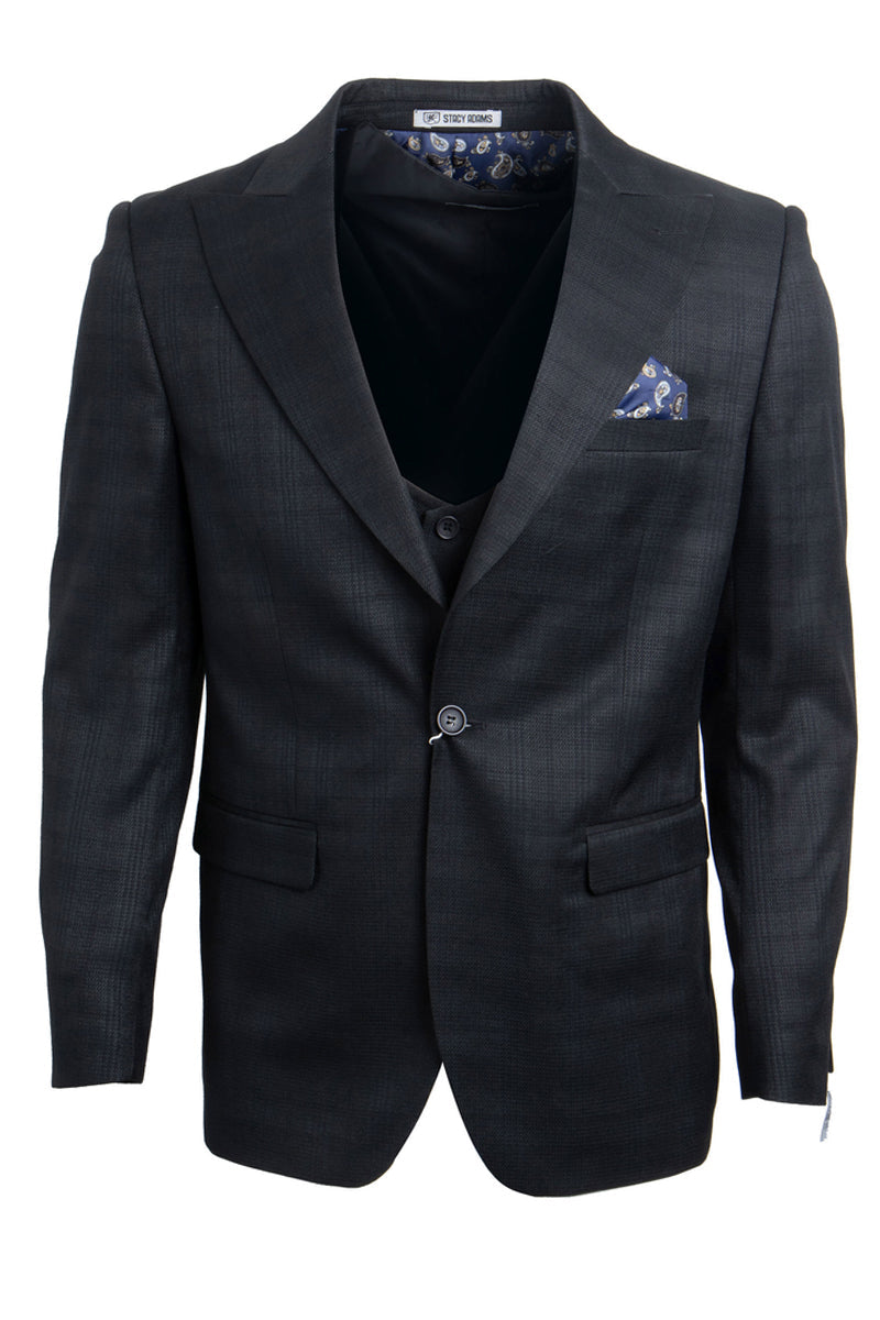 "Mens Stacy Adams Suit - Stacy Adams Suit Men's Glen Plaid Suit - One Button Vested Peak Lapel in Black" - 34 Regular