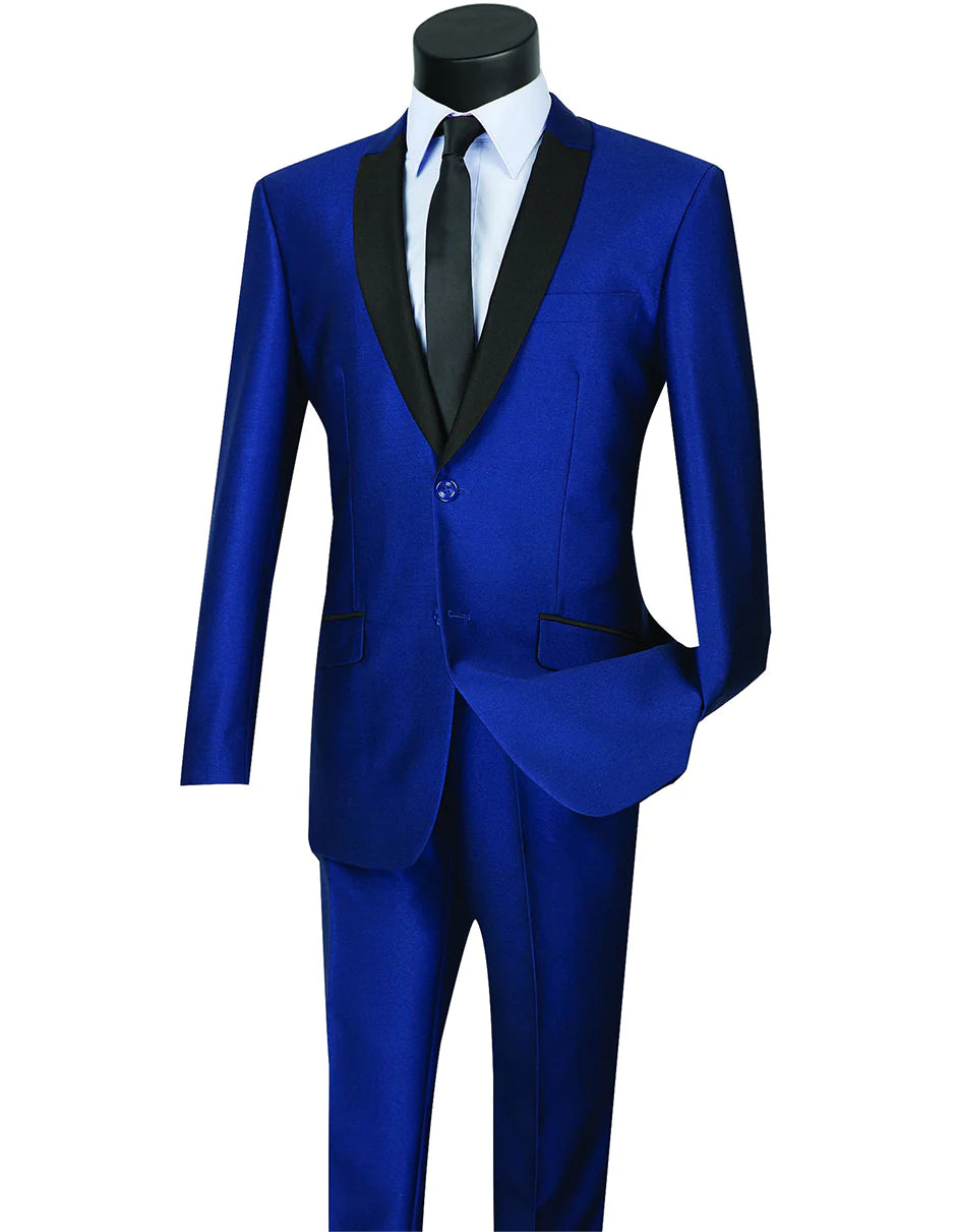 Mens Navy Blue Wedding Tuxedo - Dark Blue Tuxedo Suit" Mens 2 Button Shawl/Peak Hybrid Sharkskin Tuxedo in Navy Blue