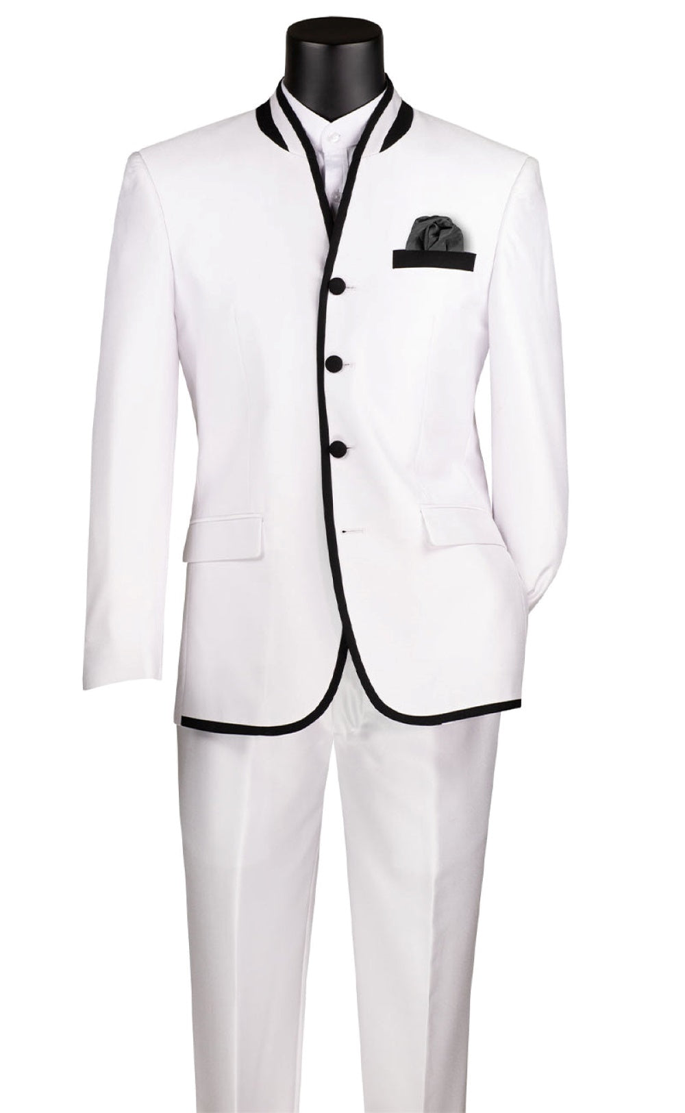 Oriental Collection - Banded Collar Slim Fit Suit Shiny Sharkskin 2 Piece White - White