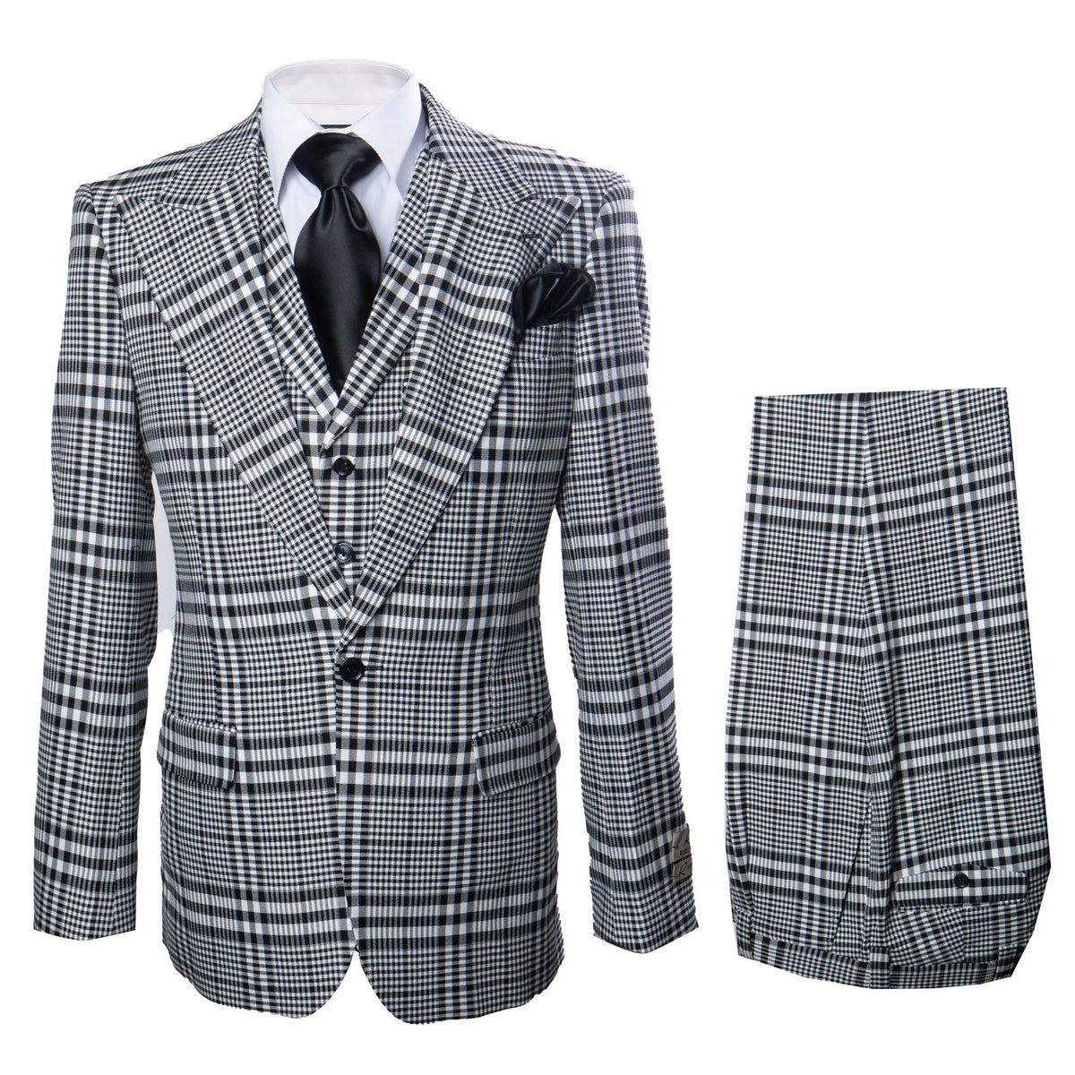 Mens Black and White Plaid Super 150s Wool Suit Pleated Pants Wide Lapel Jacket