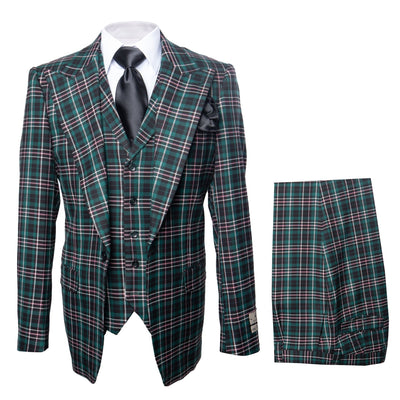Mens Green Jacket and Pleated Pants Plaid Super 150s Wool Suit