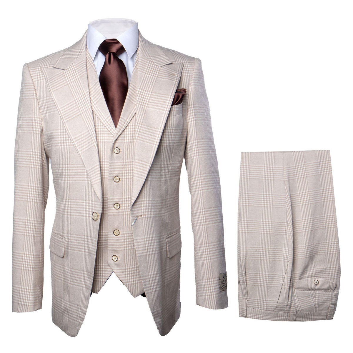 Mens Cream Plaid Super 150s Wool Suit Wide Lapel Jacket and Pleated Pants