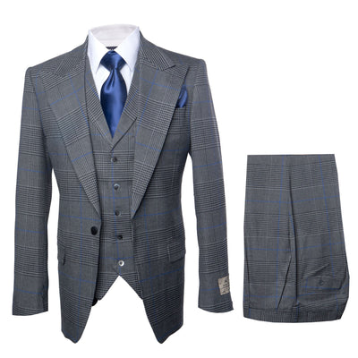 Mens Grey Windowpane Plaid Wool Suit Jacket & Pants Wool Super 150s