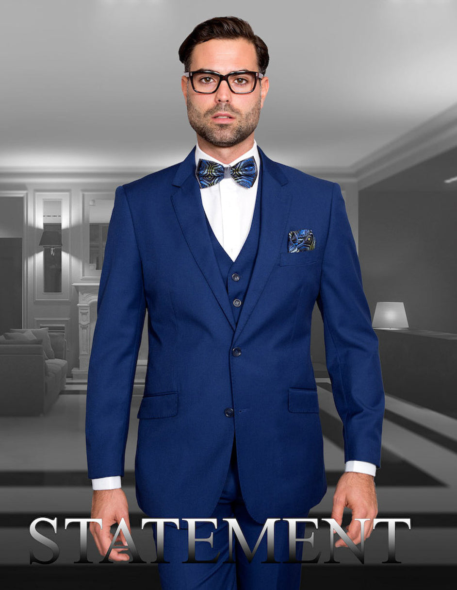 Mens 2 Button Modern Fit Vested Wool Suit in Sapphire Blue - 46 Short