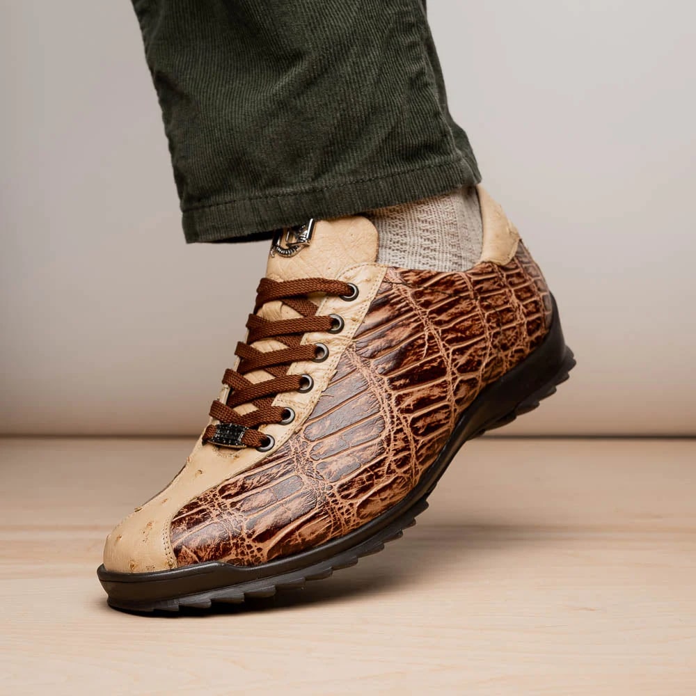 Marco Di Milano Saulo Men's Shoes Orix Beige & Brown Exotic Ostich / Alligator Casual Sneakers - 8
