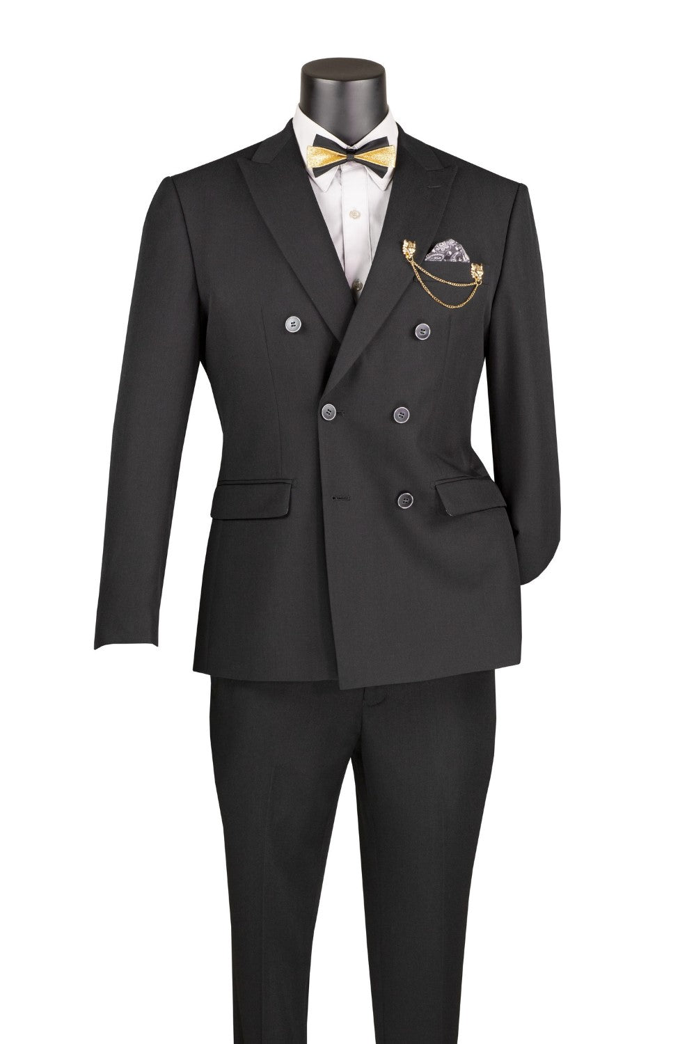 Black Slim Fit Double Breasted 2 Piece Suit with Flexible Elastic Waistband - Black