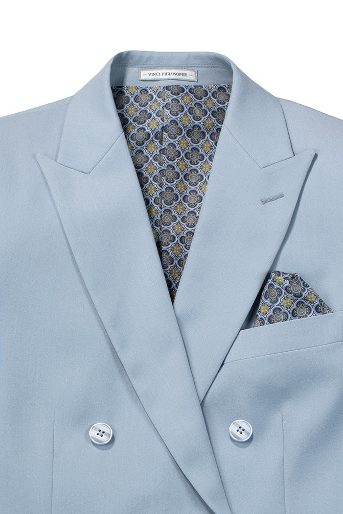 Ice Blue Slim Fit Double Breasted 2 Piece Suit with Flexible Elastic Waistband - Ice Blue