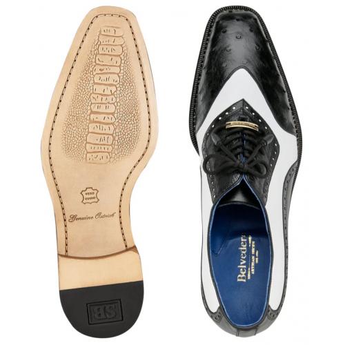Belvedere Sesto Black / White Genuine Ostrich Quill Italian Calf Wingtip Shoes - 6