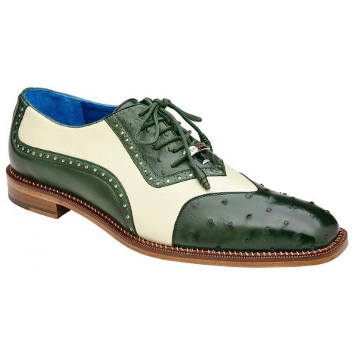 Belvedere Sesto Forest Green / Cream Genuine Ostrich Quill Italian Calf Wingtip Shoes - 6