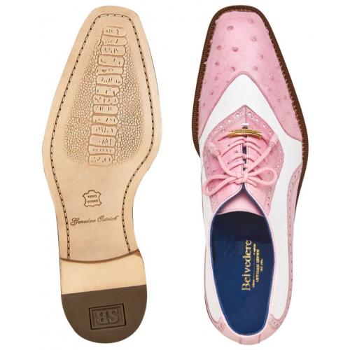 Belvedere Sesto Rose Pink / White Genuine Ostrich Quill Italian Calf Wingtip Shoes - 6