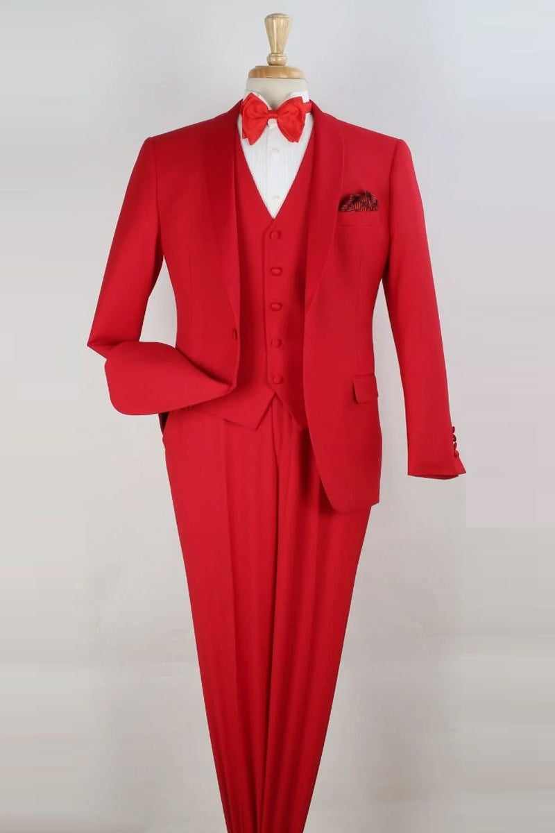 "Red Modern Fit Shawl Tuxedo - Men's One Button Vested Suit"