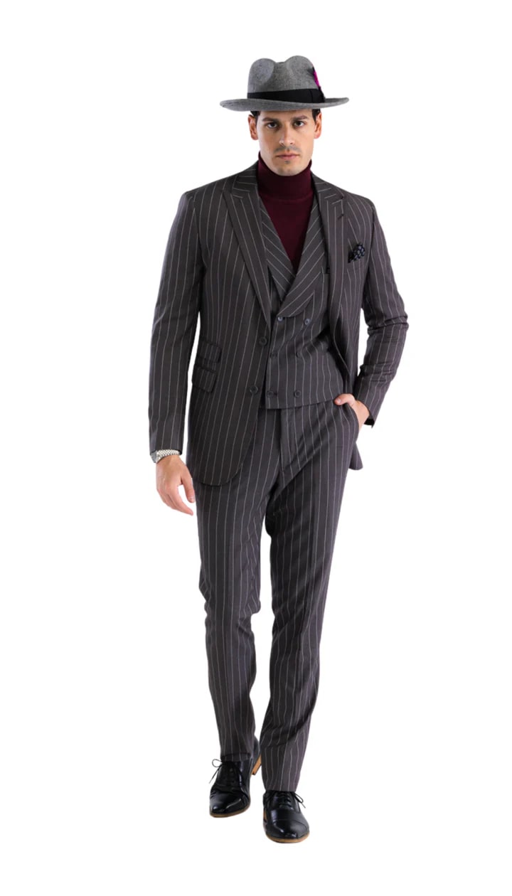 Bellagio Grey Mens 2 Button Slim Peak Lapel Suit With Pick Stiching Ticket Pocket Double Breasted Vest With Shawl Lapel