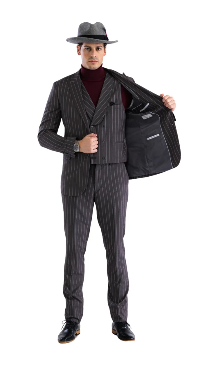Bellagio Grey White Mens 2 Button Slim Peak Lapel Suit With Pick Stiching Ticket Pocket Double Breasted Vest With Shawl Lapel - 38 Short Jacket+32 Waist Adjustable 28to34)(Height: 5 4 to5 7 )(Neck 15-16.5)S-M)