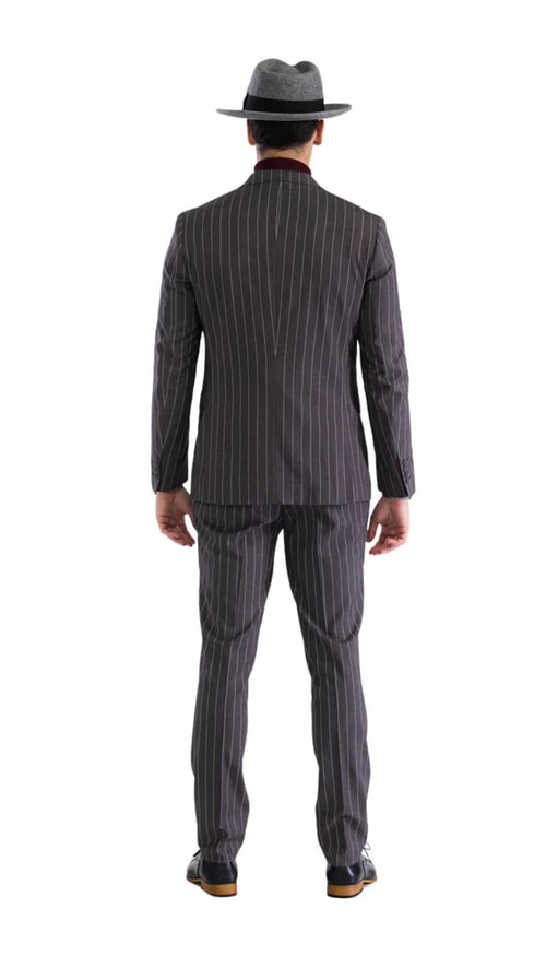 Bellagio Grey Mens 2 Button Slim Peak Lapel Suit With Pick Stiching Ticket Pocket Double Breasted Vest With Shawl Lapel