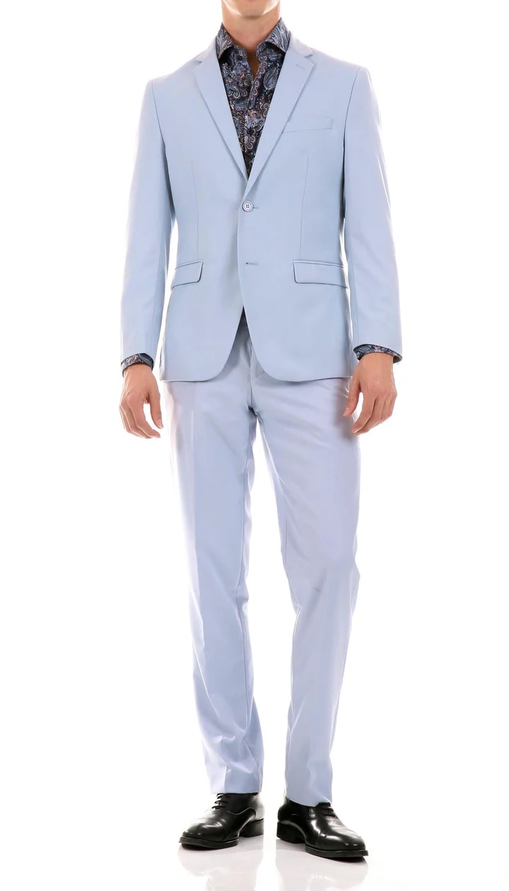 Oslo Sky Blue Slim Fit Notch Lapel 2 Piece Suit - 38 Short Jacket+32 Waist Adjustable 28to34)(Height: 5 4 to5 7 )(Neck 15-16.5)S-M)