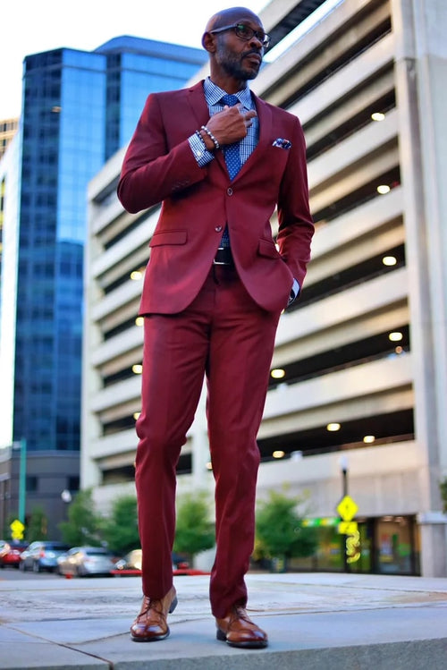Cheap Priced Suit - Men's Basic 2 Button Slim Fit Wedding Burgundy Suit