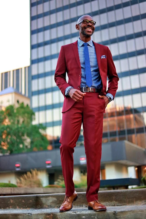Cheap Priced Suit - Men's Basic 2 Button Slim Fit Wedding Burgundy Suit