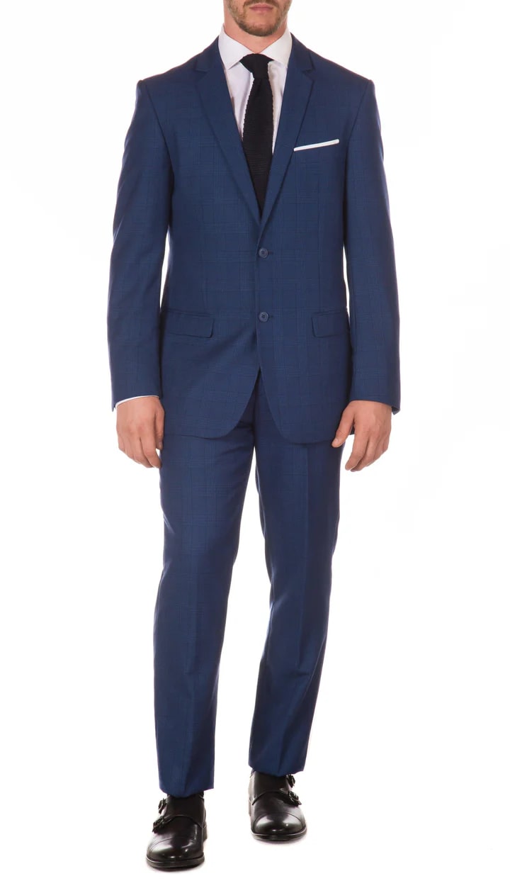 Morgan Slim Fit Blue Plaid 2 Piece Suit - 38 Short Jacket+32 Waist Adjustable 28to34)(Height: 5 4 to5 7 )(Neck 15-16.5)S-M)