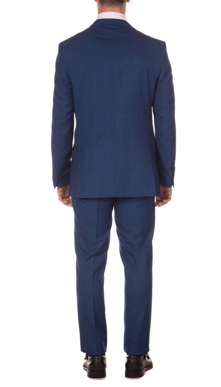 Morgan Slim Fit Blue Plaid 2 Piece Suit - 38 Short Jacket+32 Waist Adjustable 28to34)(Height: 5 4 to5 7 )(Neck 15-16.5)S-M)
