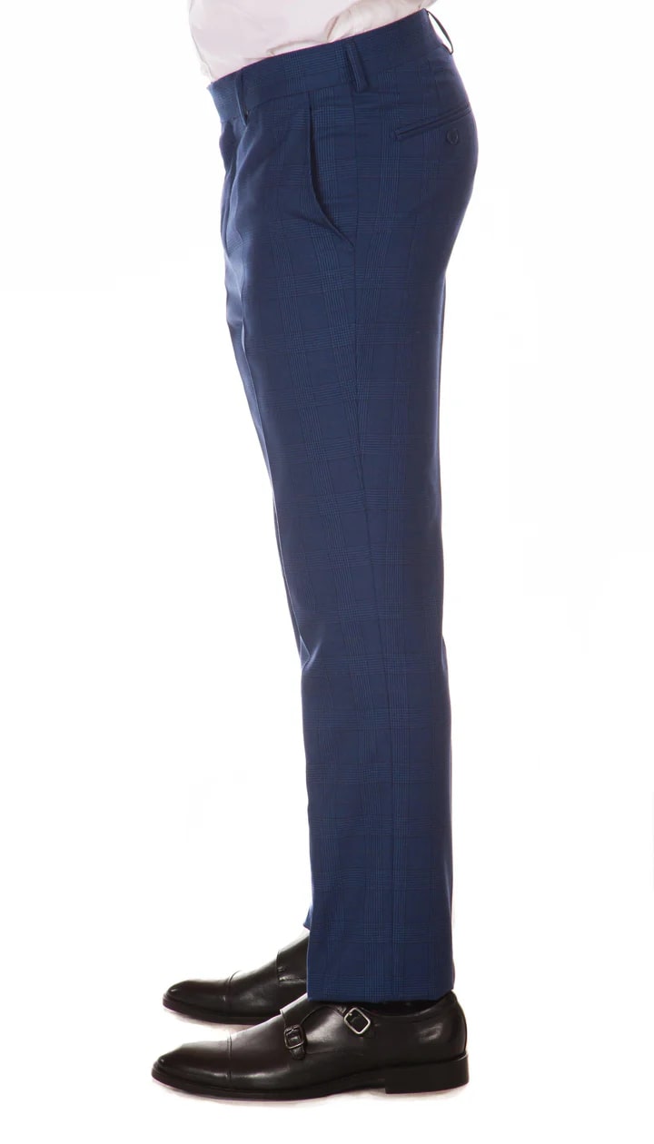 Morgan Slim Fit Blue Plaid 2 Piece Suit - 38 Short Jacket+32 Waist Adjustable 28to34)(Height: 5 4 to5 7 )(Neck 15-16.5)S-M)