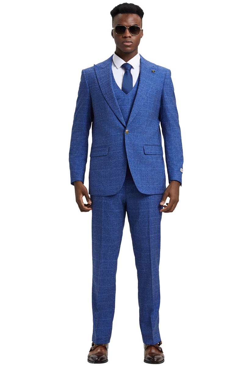Men's Stacy Adam's One Button Vested Peak Lapel Business Suit in Navy Blue Plaid - Navy