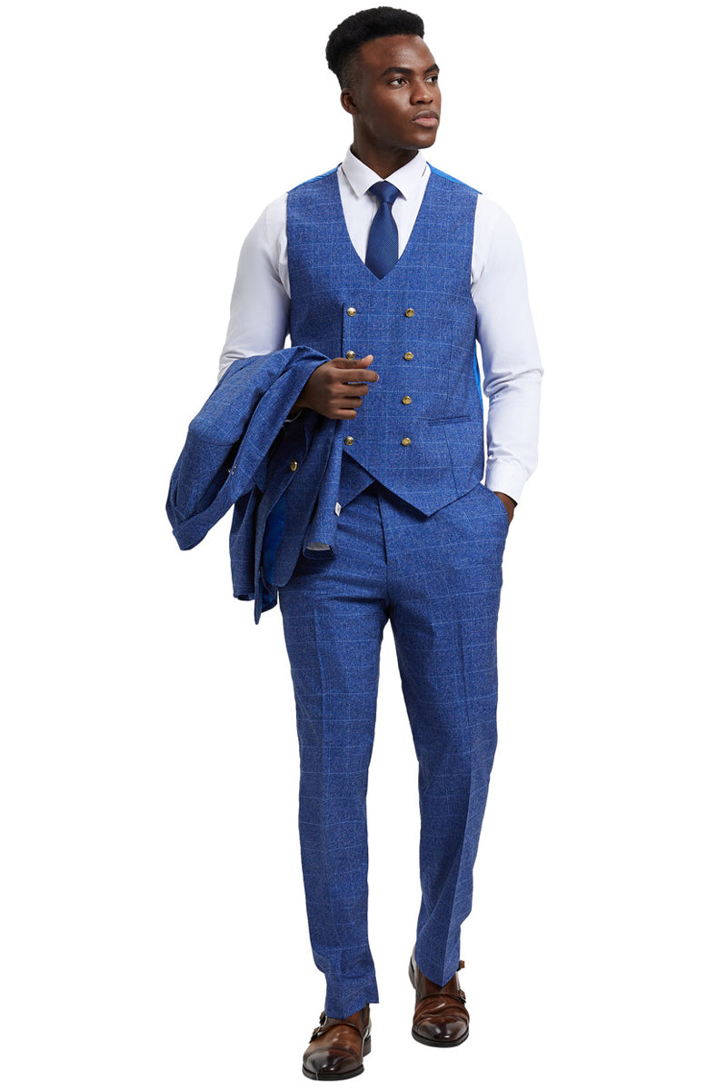 Men's Stacy Adam's One Button Vested Peak Lapel Business Suit in Navy Blue Plaid - Navy