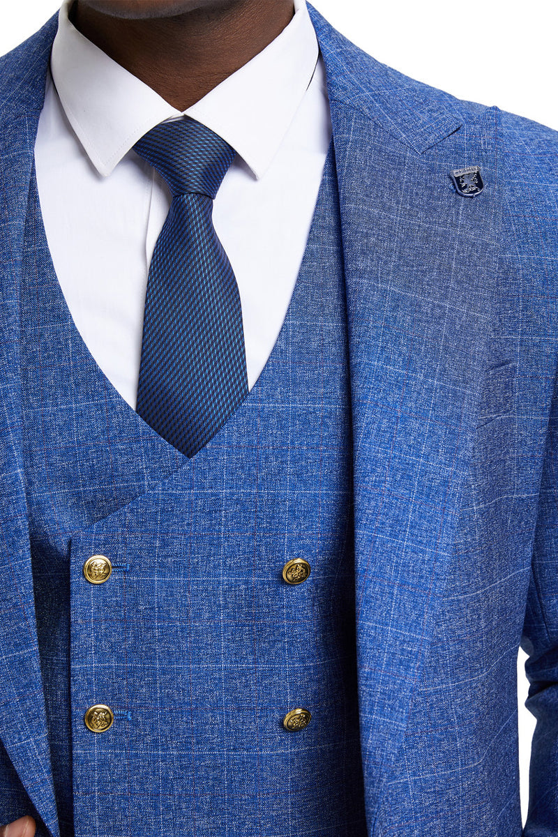Men's Stacy Adam's One Button Vested Peak Lapel Business Suit in Navy Blue Plaid - Navy