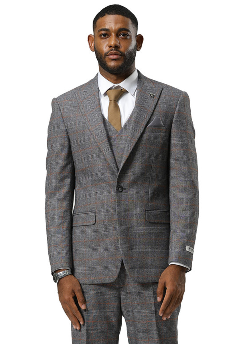 Men's Stacy Adams One Button Peak Lapel Suit With Double Breasted Vest in Grey Glen Plaid