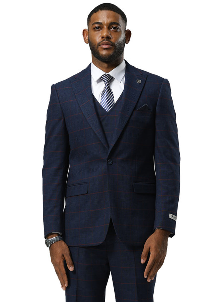 Men's Stacy Adams One Button Peak Lapel Suit With Double Breasted Vest in Navy Glen Plaid