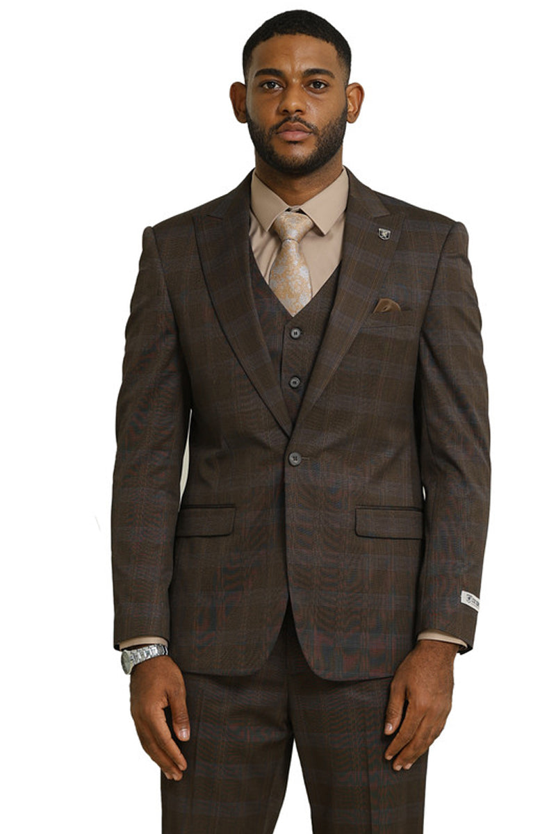 Men's Stacy Adams One Button Vested Peak Lapel Suit in Brown Glen Plaid
