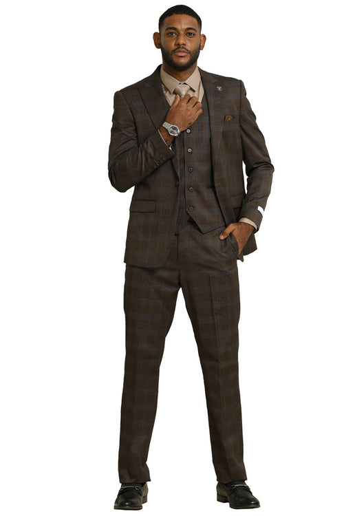 Men's Stacy Adams One Button Vested Peak Lapel Suit in Brown Glen Plaid