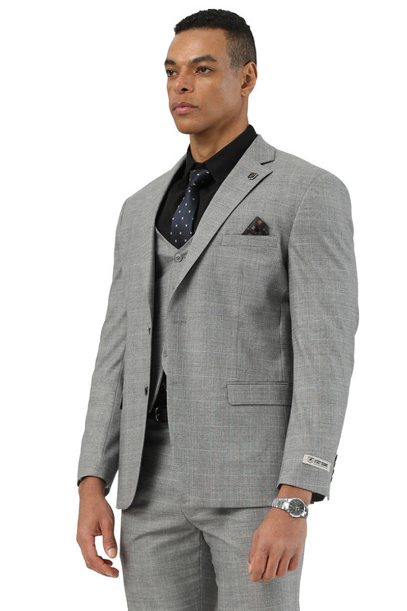 Men's Stacy Adams Two Button Vested Summer Suit in Light Grey Glen Plaid