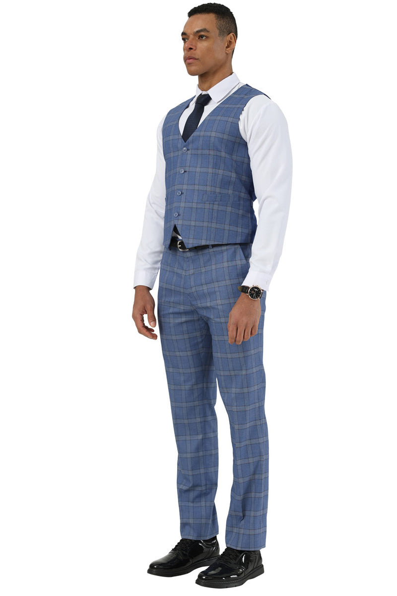 Men's Designer Stacy Adams Vested Glen Plaid Suit in Blue - Blue