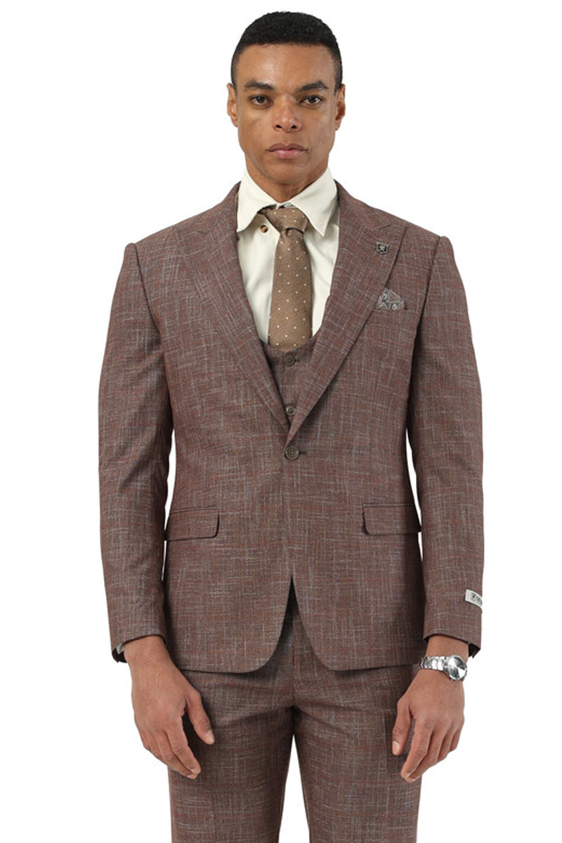 Men's Stacy Adams One Button Peak Lapel Vested Suit in Brown Sharkskin Windowpane