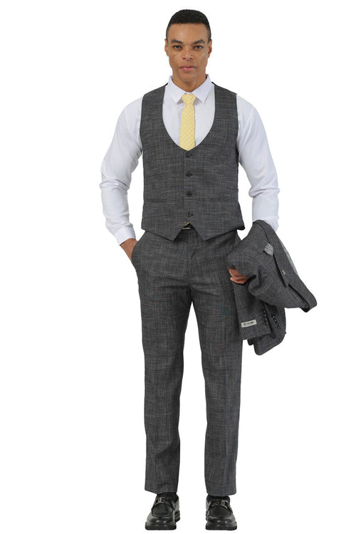 Men's Stacy Adams One Button Peak Lapel Vested Suit in Black Sharkskin Windowpane