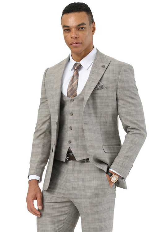 Men’s Khaki Glen Plaid Stacy Adams 3 Piece Suit, Two Button Peak Lapel Formal Wedding Suit Set