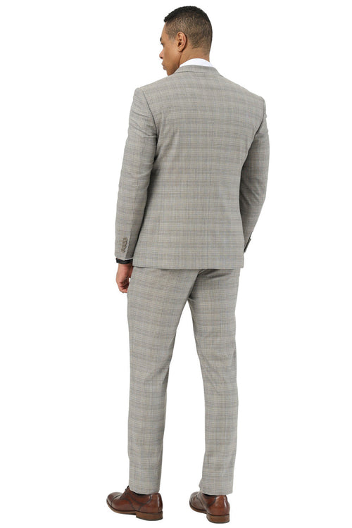 Men’s Khaki Glen Plaid Stacy Adams 3 Piece Suit, Two Button Peak Lapel Formal Wedding Suit Set