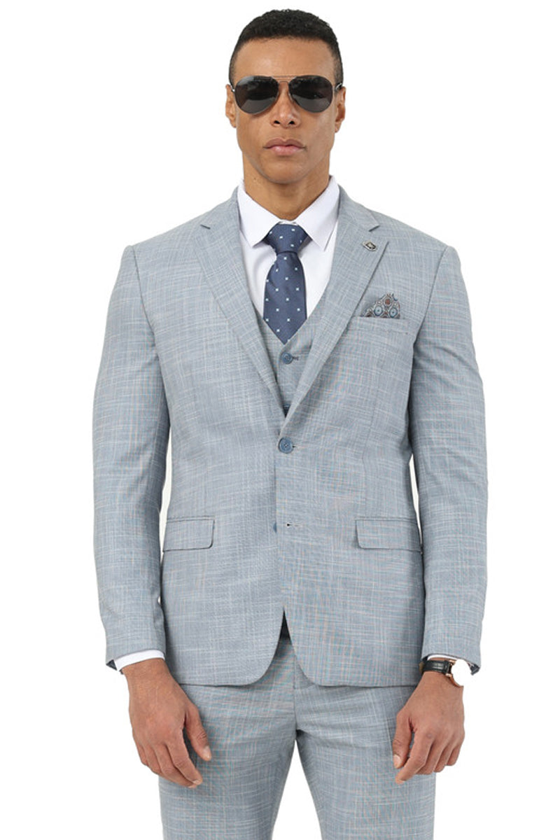 Men's Designer Stacy Adams Vested Suit in Light Grey Sharkskin Weave - Light Grey