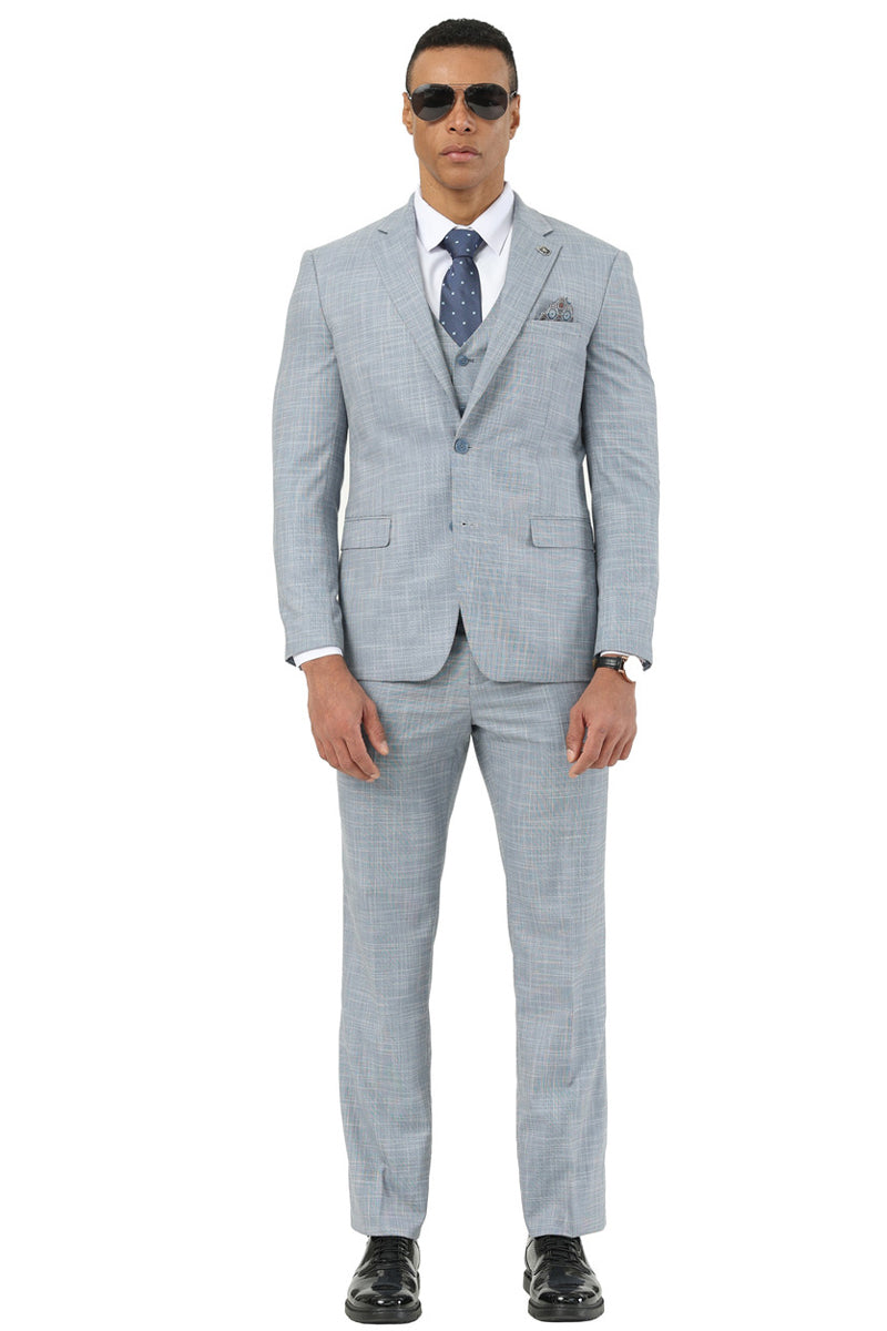 Men's Designer Stacy Adams Vested Suit in Light Grey Sharkskin Weave - Light Grey