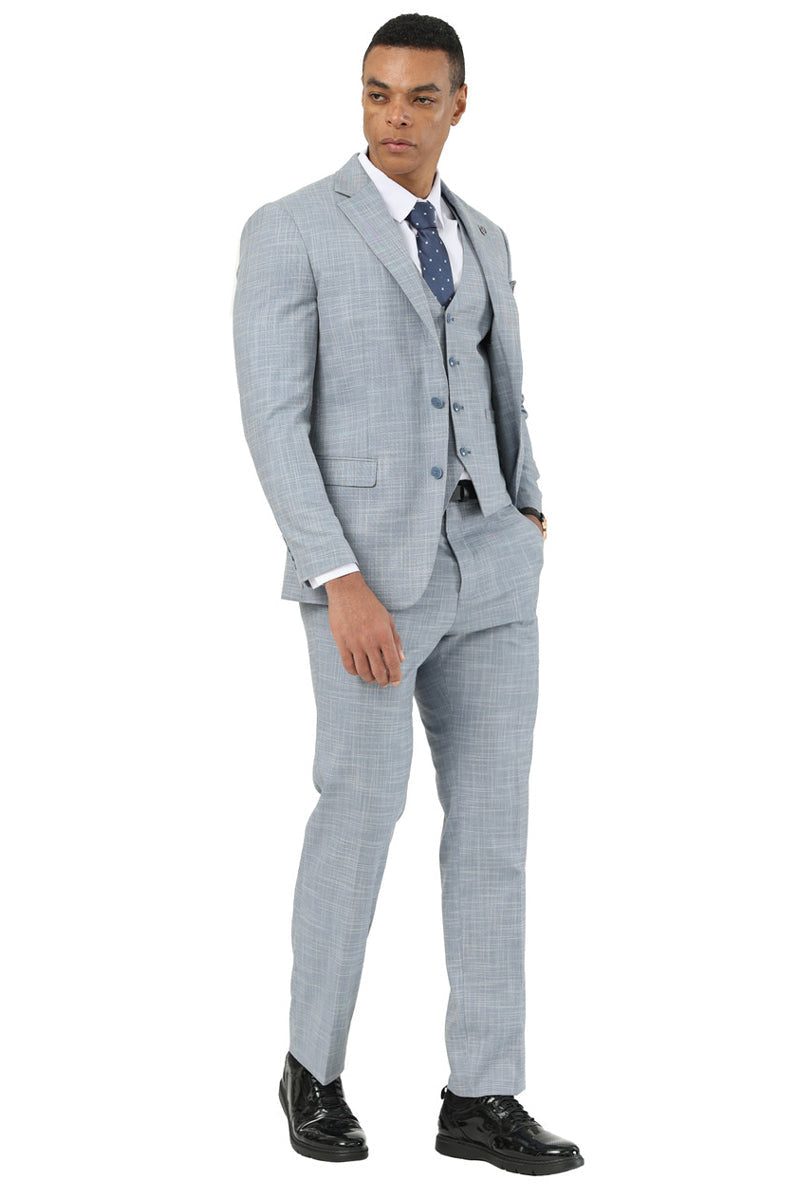 Men's Designer Stacy Adams Vested Suit in Light Grey Sharkskin Weave - Light Grey