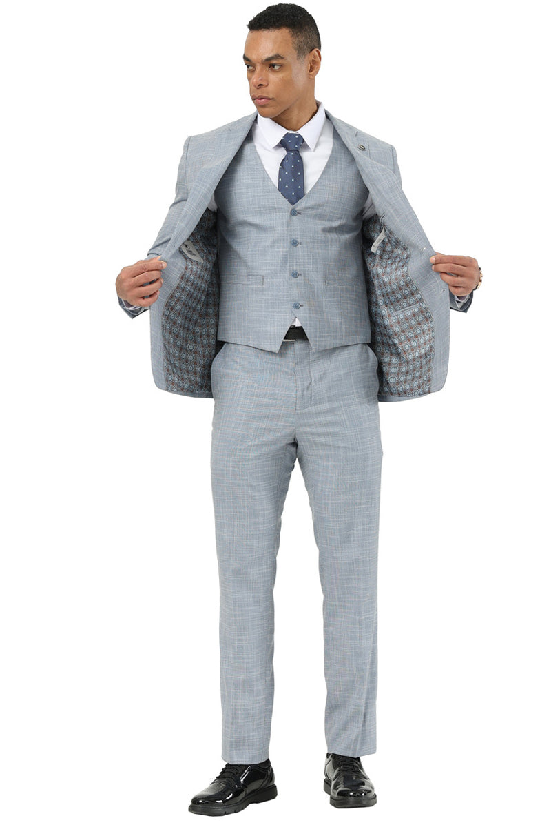 Men's Designer Stacy Adams Vested Suit in Light Grey Sharkskin Weave - Light Grey