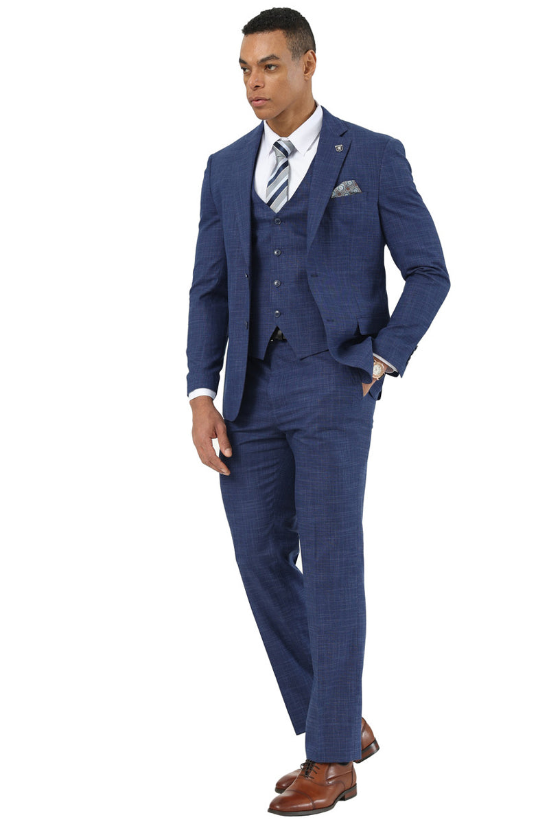 Men's Designer Stacy Adams Vested Suit in Indigo Blue Sharkskin Weave - Indigo