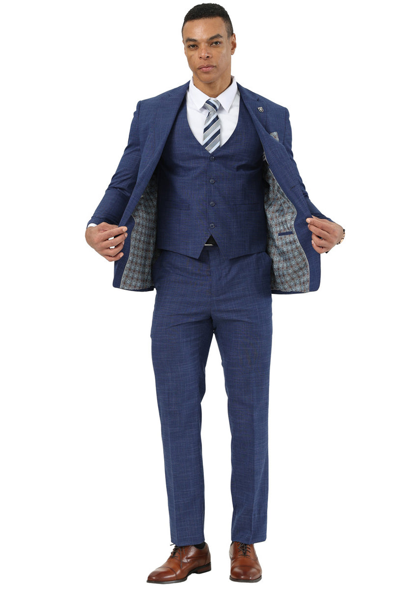 Men's Designer Stacy Adams Vested Suit in Indigo Blue Sharkskin Weave - Indigo