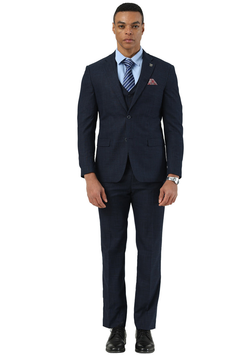 Men's Designer Stacy Adams Vested Suit in Navy Blue Sharkskin Weave - Navy